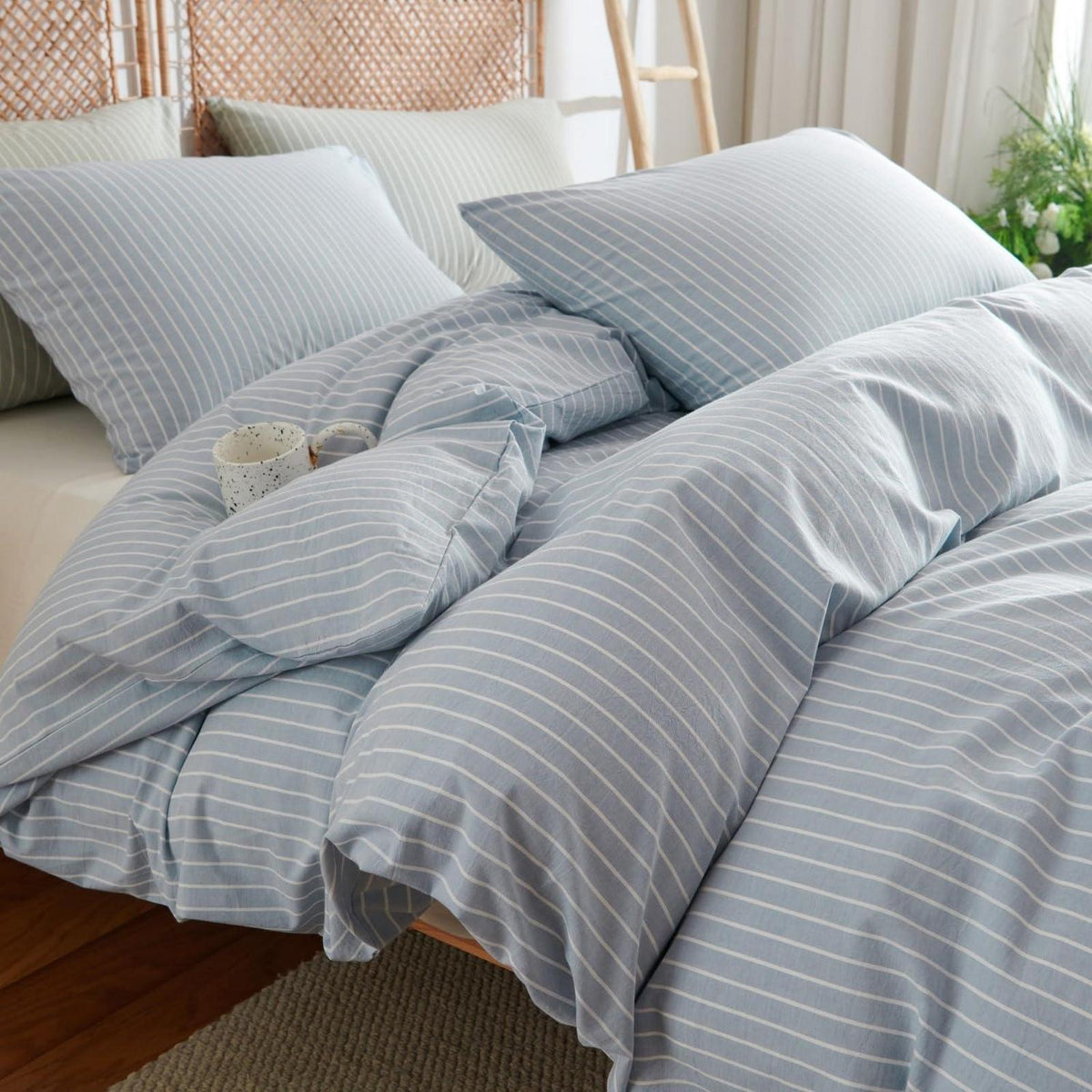 Baumwoll Bettwäsche Set gestreift blau weiß 220x240cm