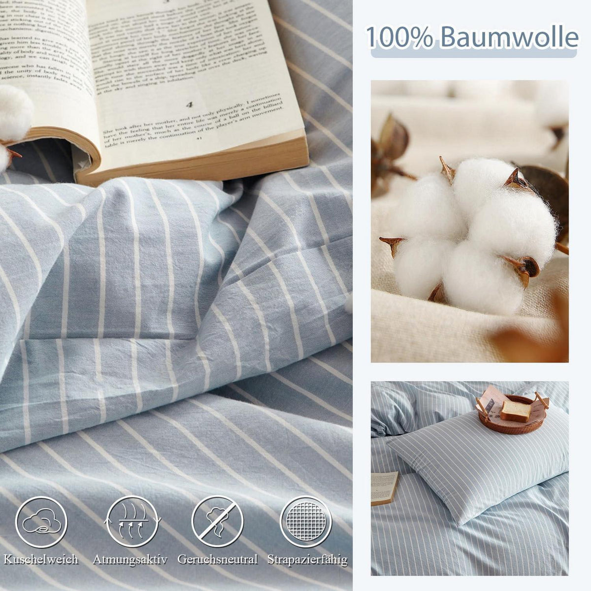 Baumwoll Bettwäsche Set gestreift blau weiß 220x240cm