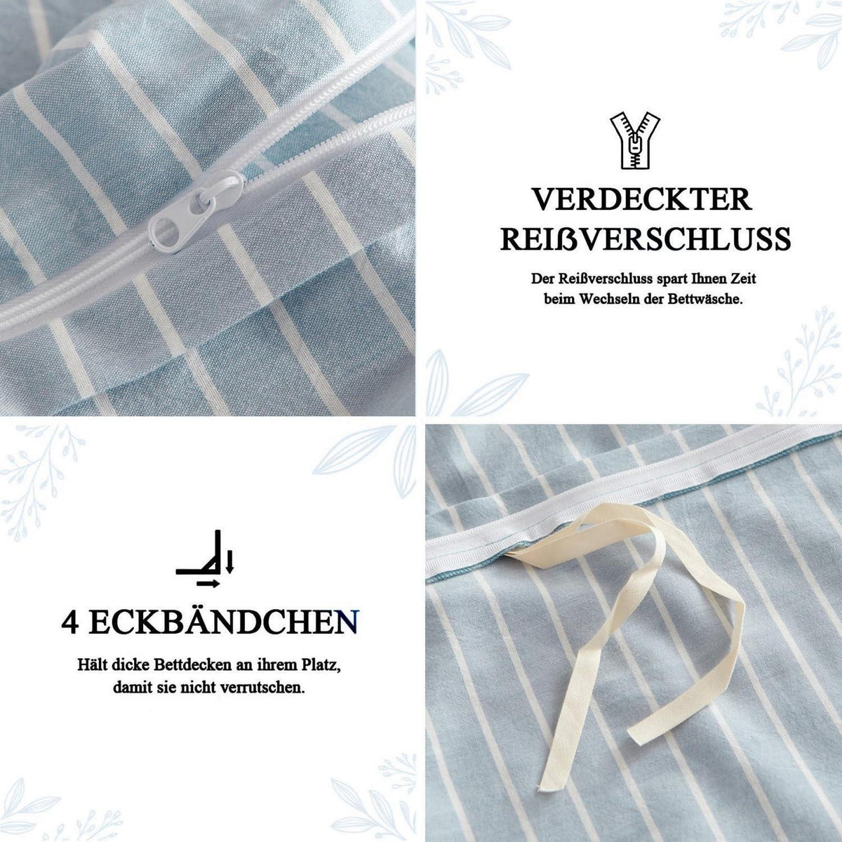 Baumwoll Bettwäsche Set gestreift blau weiß 220x240cm