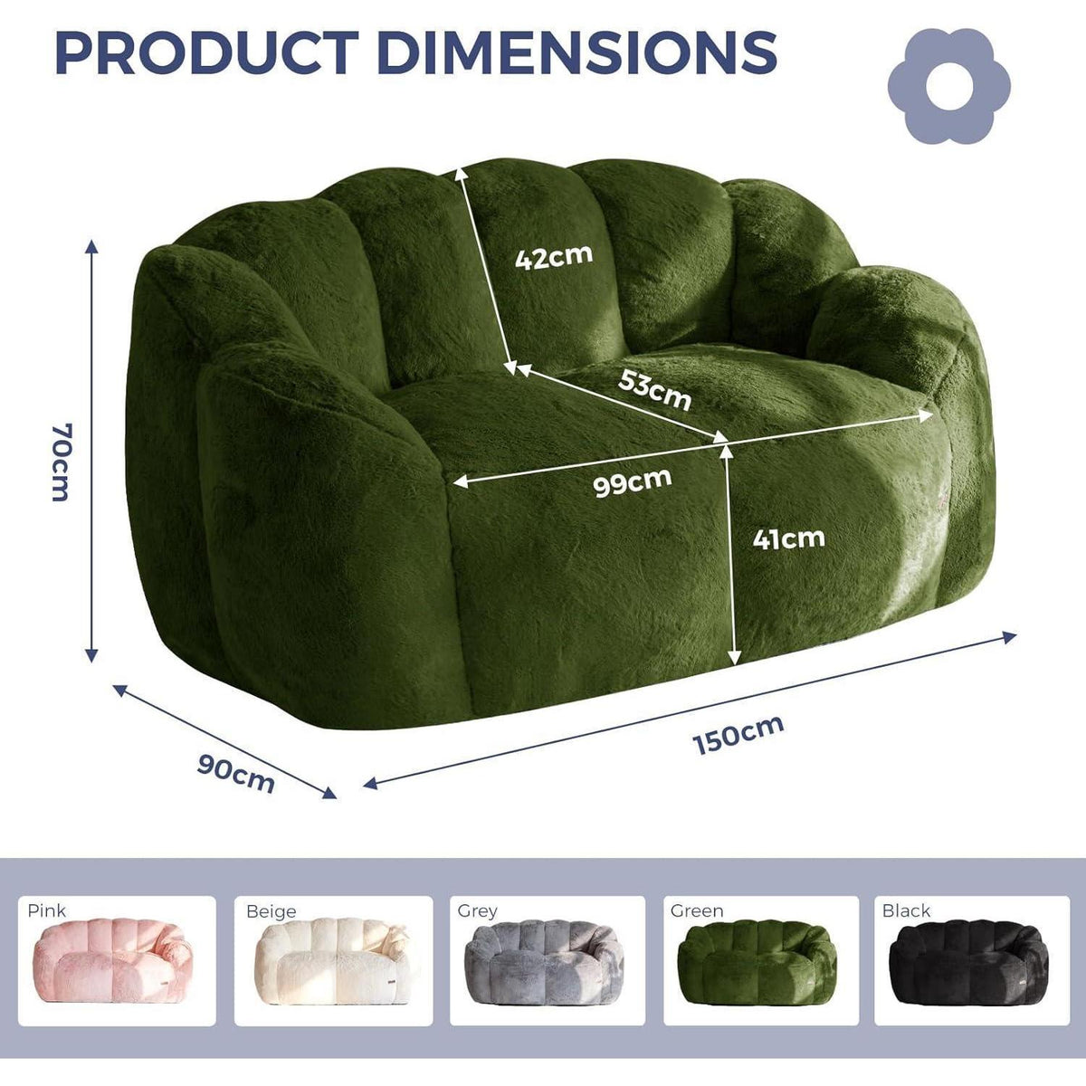 Floral Sitzsack mit Memory-Foam – Weiches Kunstfell Sofa 150x90x80