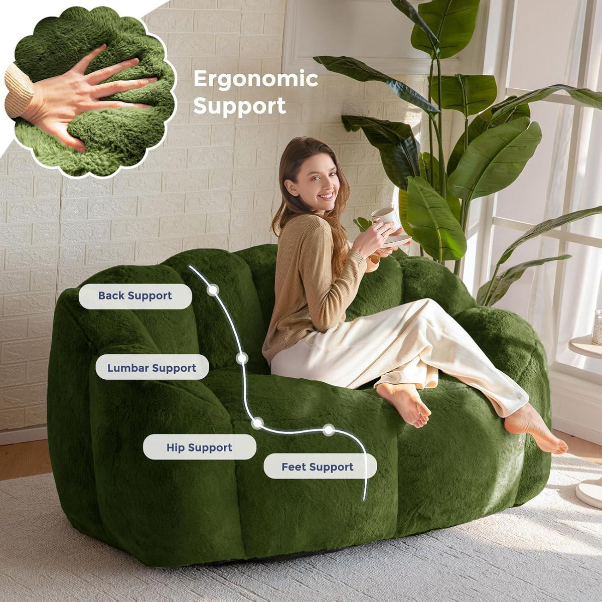 Floral Sitzsack mit Memory-Foam – Weiches Kunstfell Sofa 150x90x80