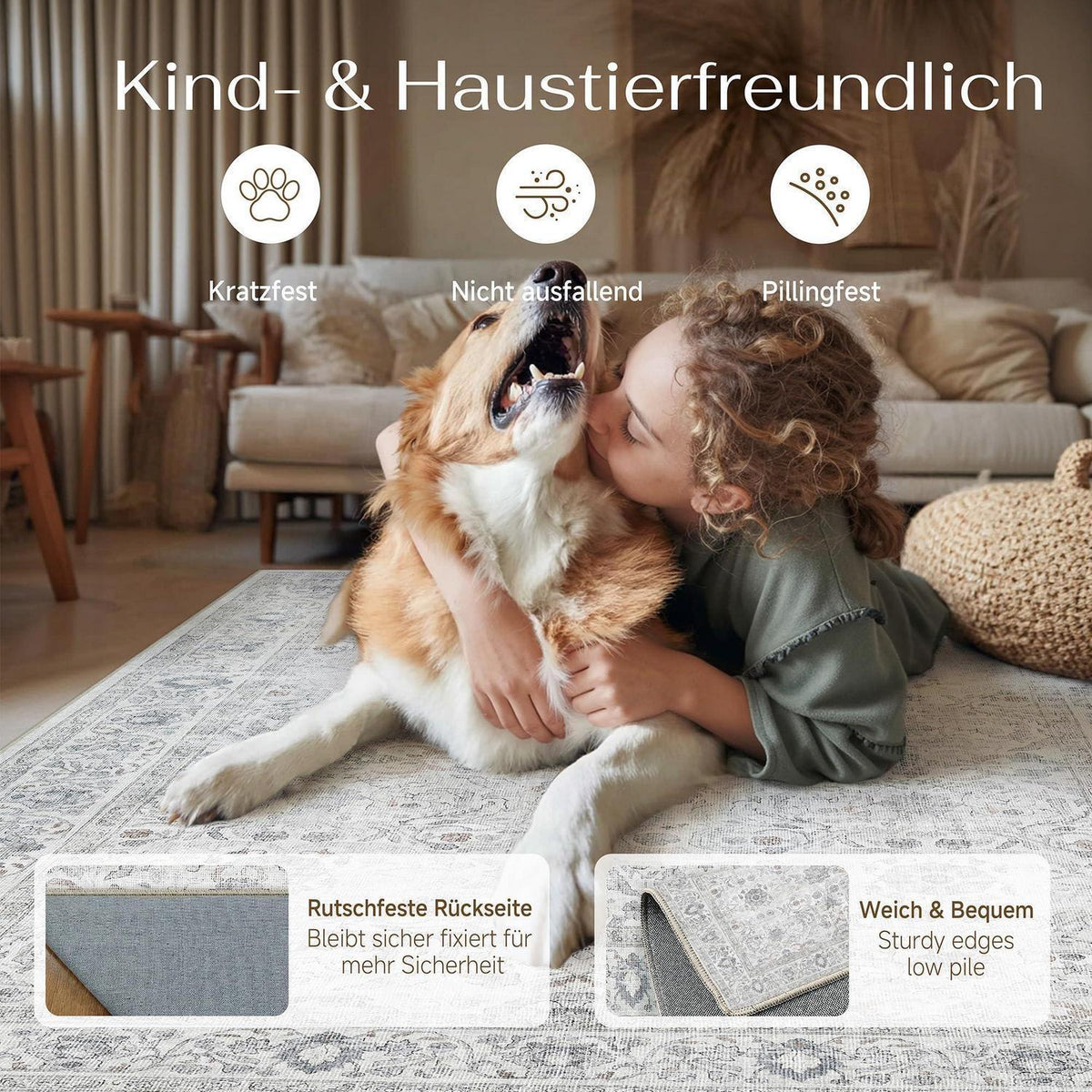 Waschbarer Wohnzimmerteppich Grau 200x300cm – Vintage Design