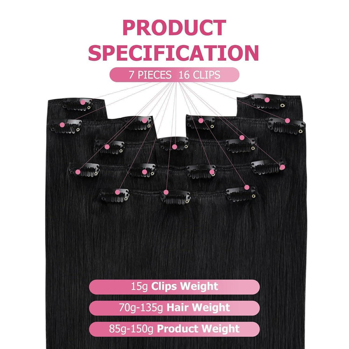 Echthaar Clip-in Extension Schwarz 60cm – 150g Volumen