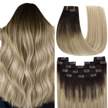 Echthaar Clip-in Extensions Ombre Blond bis Dunkelbraun