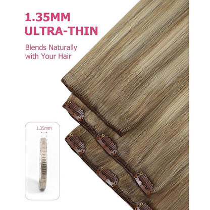 Clip-in Echthaar Extensions Balayage Hellbraun-Blond 60cm