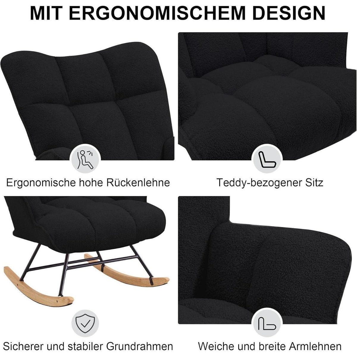 Schaukelstuhl mit Armlehnen – Gepolsterter Relaxsessel Schwarz