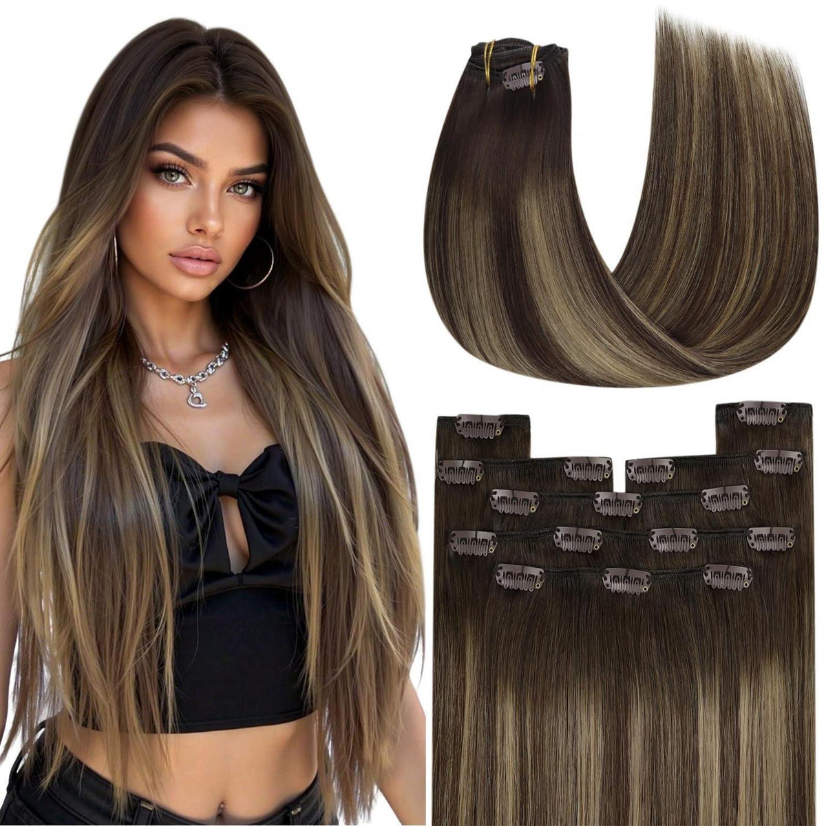 Clip-in Echthaar Extensions Braun Balayage Karamellblond 60cm