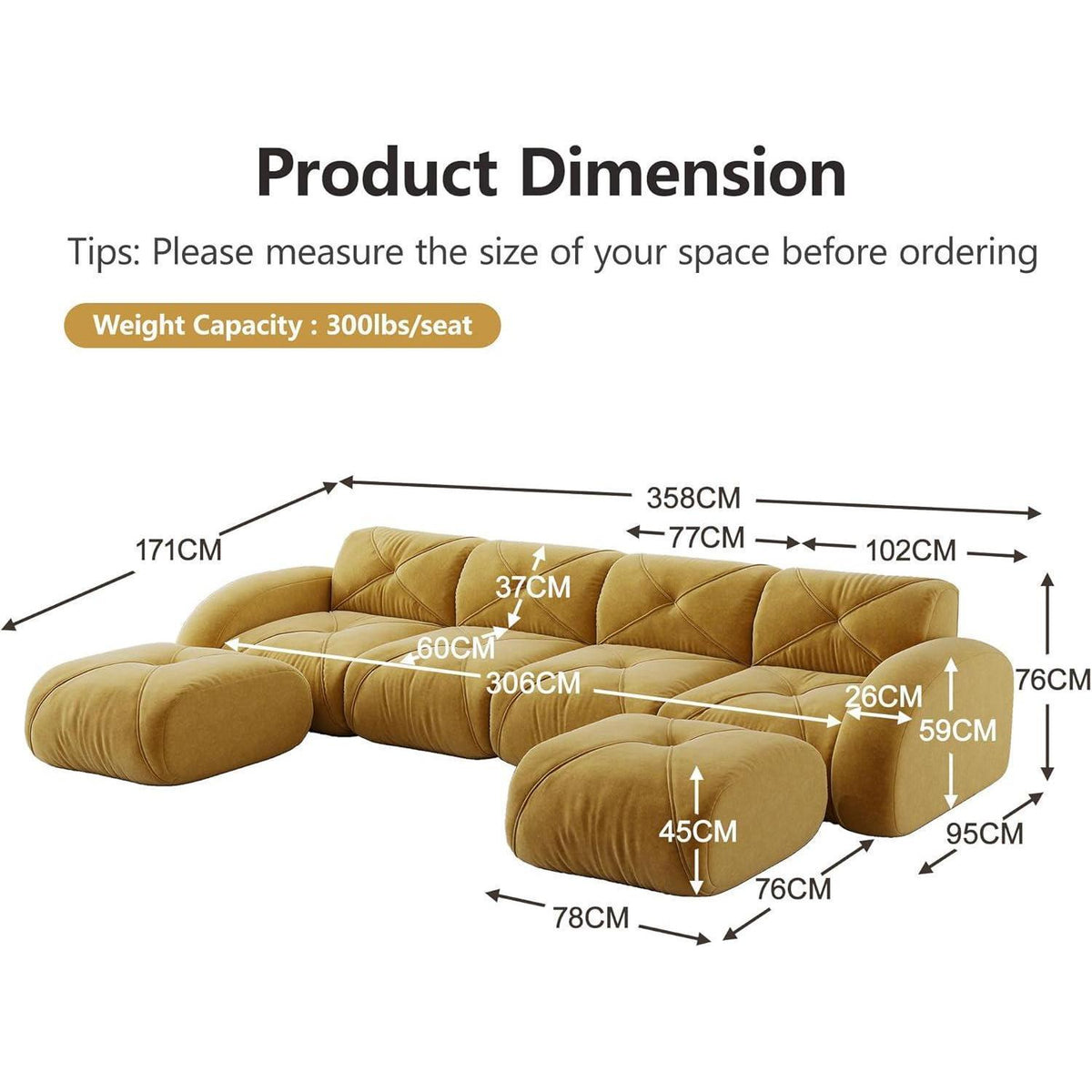 Großes U-förmiges Cord Sofa 4-Sitzer + 2 Fußhocker Gelb