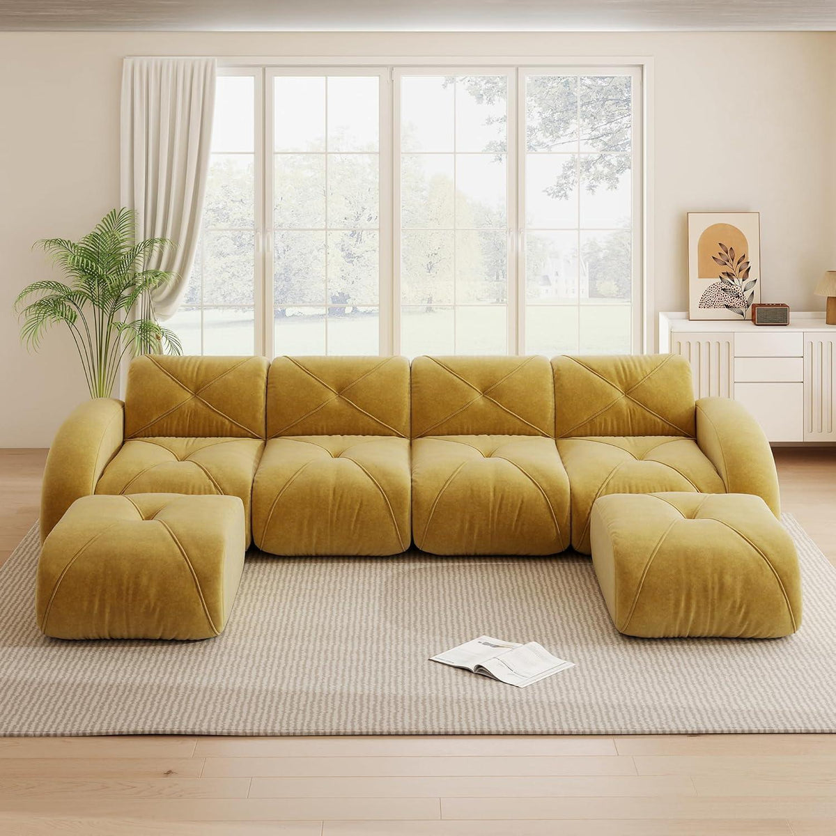 Großes U-förmiges Cord Sofa 4-Sitzer + 2 Fußhocker Gelb