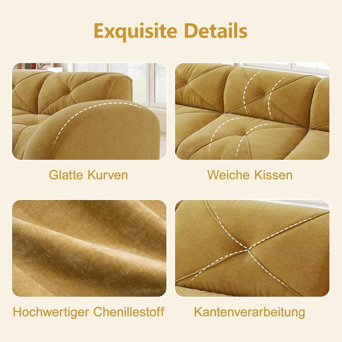 Großes U-förmiges Cord Sofa 4-Sitzer + 2 Fußhocker Gelb