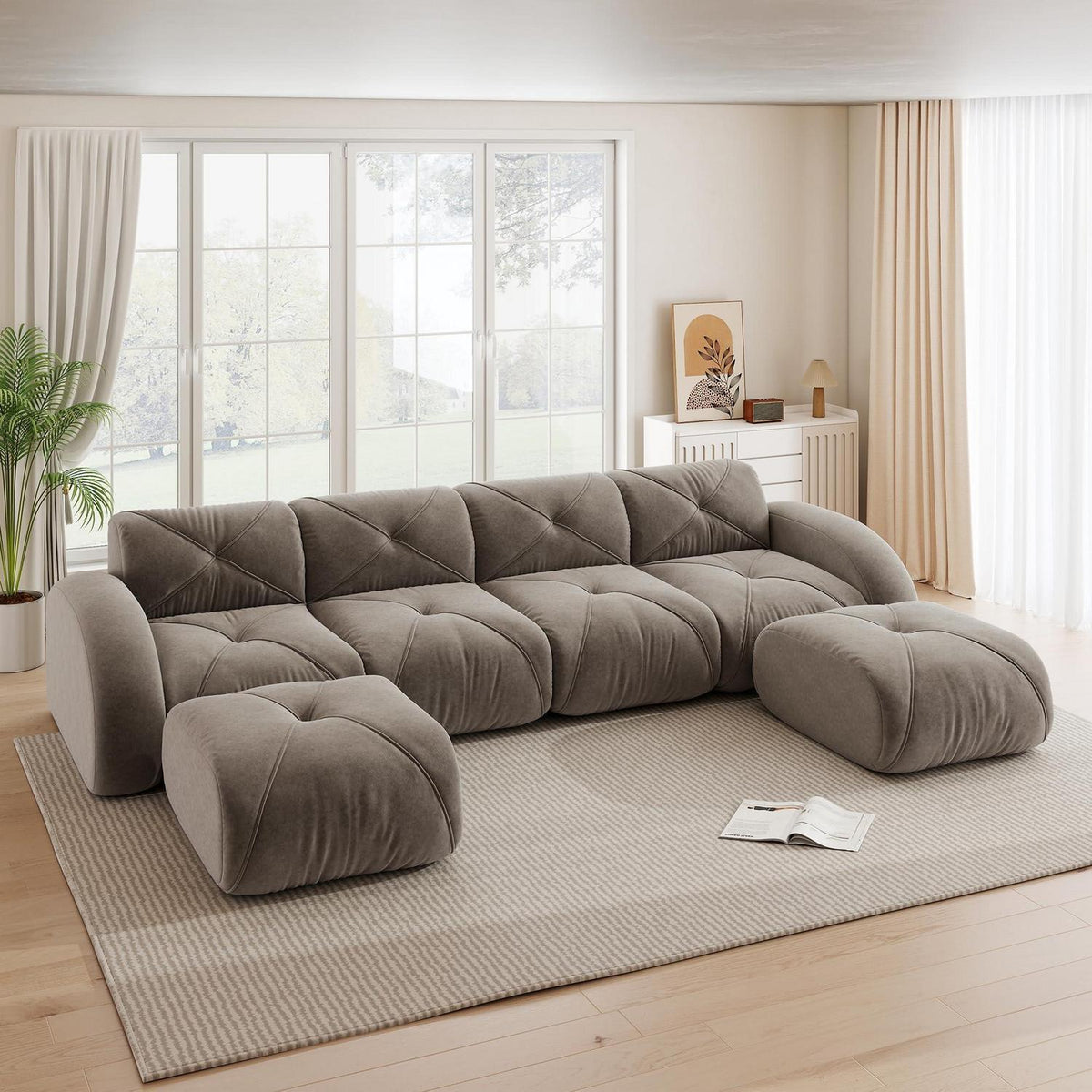 Großes U-förmiges Cord Sofa 4-Sitzer mit Fußhockern Braun