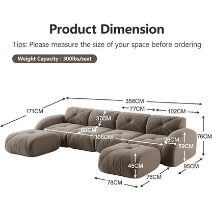 Großes U-förmiges Cord Sofa 4-Sitzer mit Fußhockern Braun