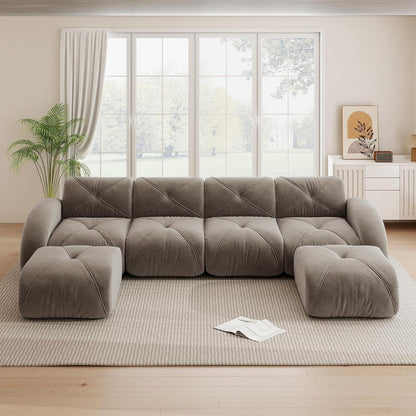 Großes U-förmiges Cord Sofa 4-Sitzer mit Fußhockern Braun