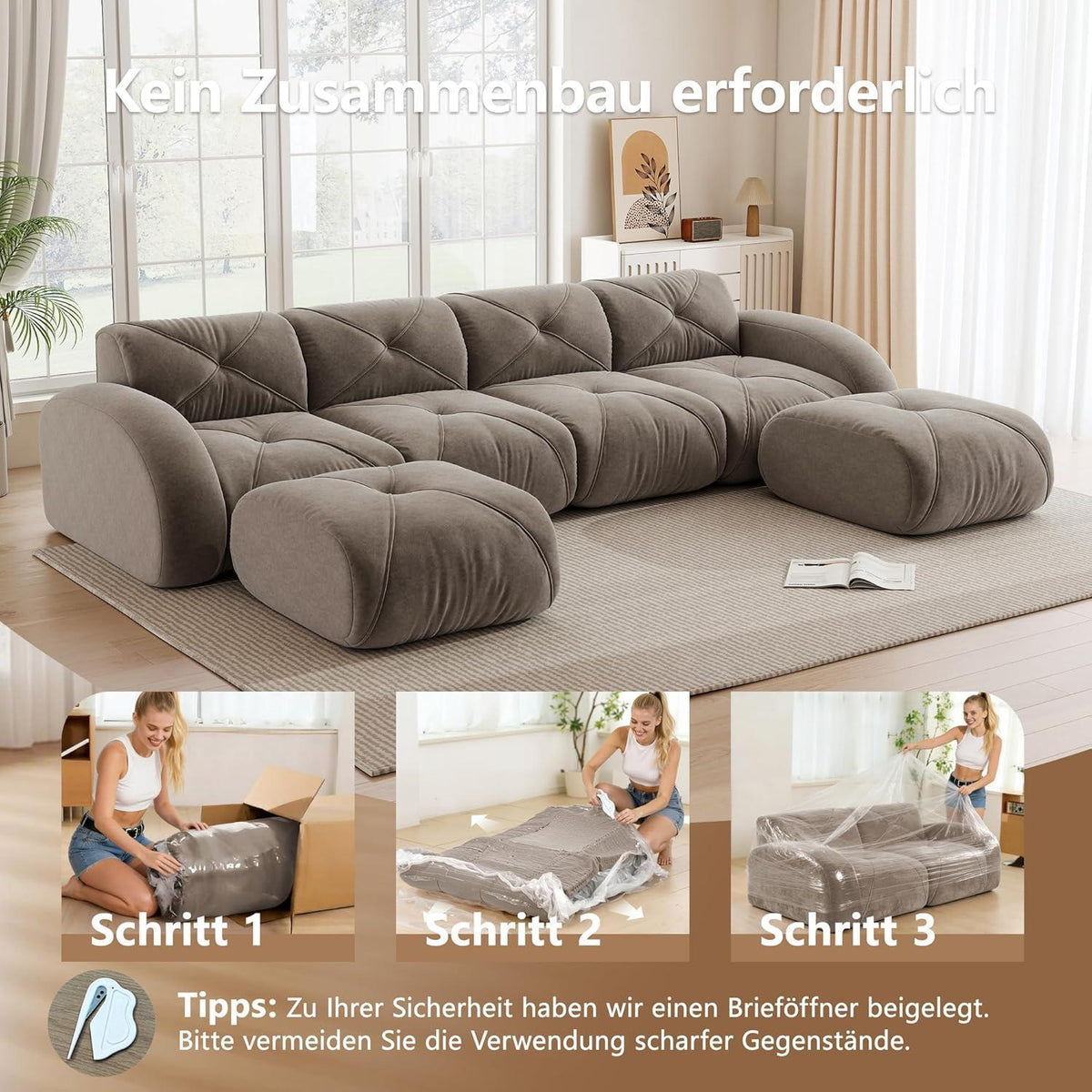 Großes U-förmiges Cord Sofa 4-Sitzer mit Fußhockern Braun