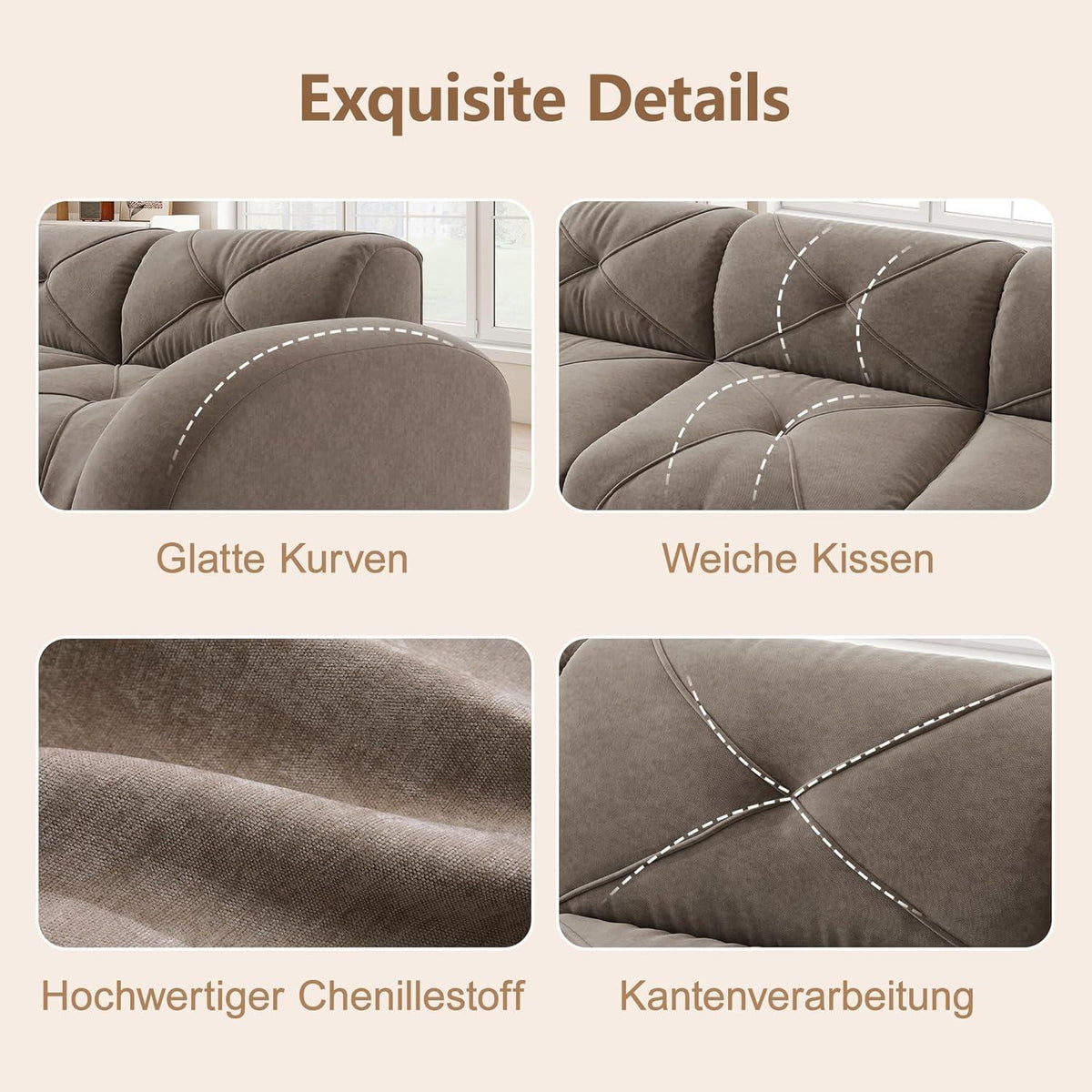 Großes U-förmiges Cord Sofa 4-Sitzer mit Fußhockern Braun