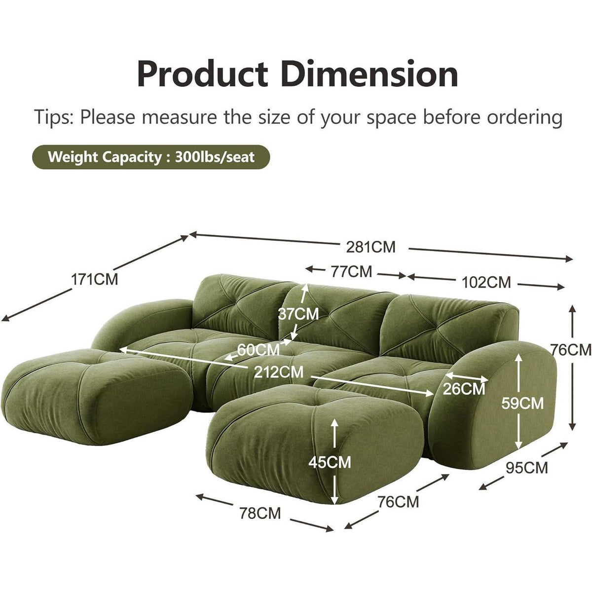 Großes U-förmiges Cord Sofa 3-Sitzer + 2 Fußhocker, Grün