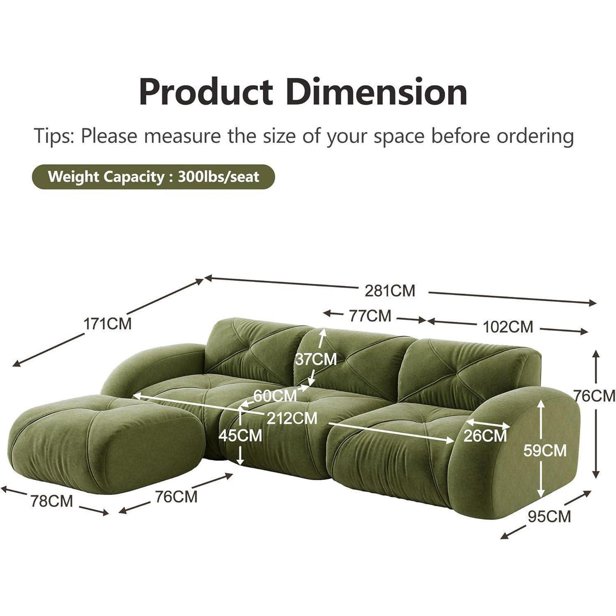 Modernes Cord Sofa 3-Sitzer mit Fußhocker – Grün