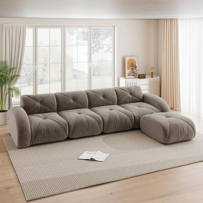Großes L-förmiges Cord Sofa 4-Sitzer mit Fußhocker (Braun)