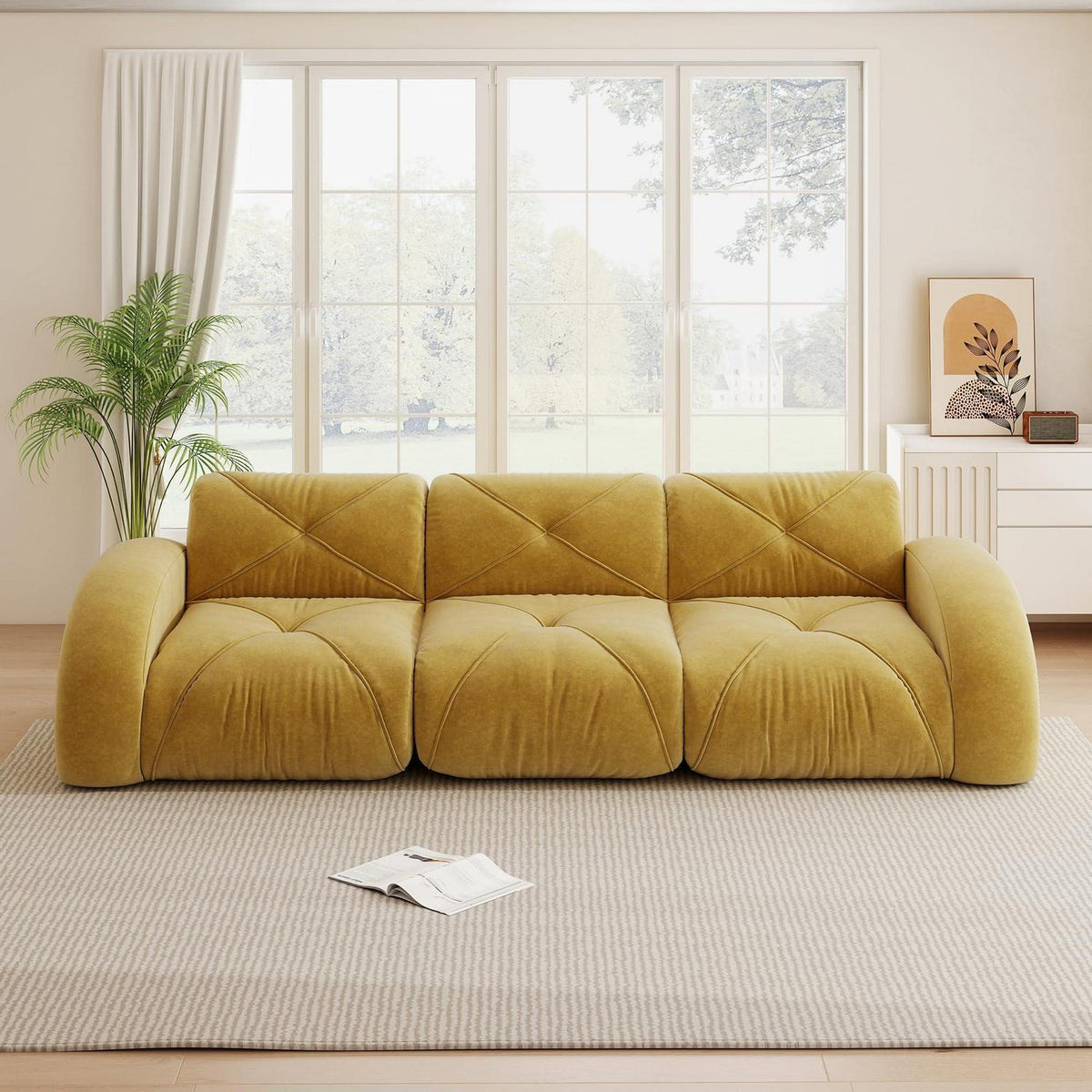 Modernes 3-Sitzer Cord Sofa Gelb – Rahmenlos & Komfortabel
