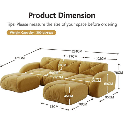 Modulares Cord Sofa 3-Sitzer + 2 Hocker – Gelb