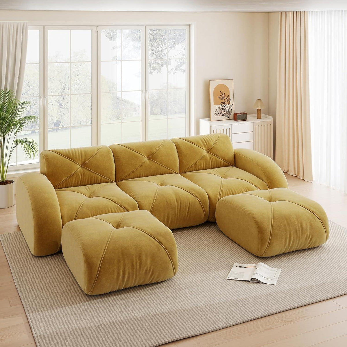 Modulares Cord Sofa 3-Sitzer + 2 Hocker – Gelb