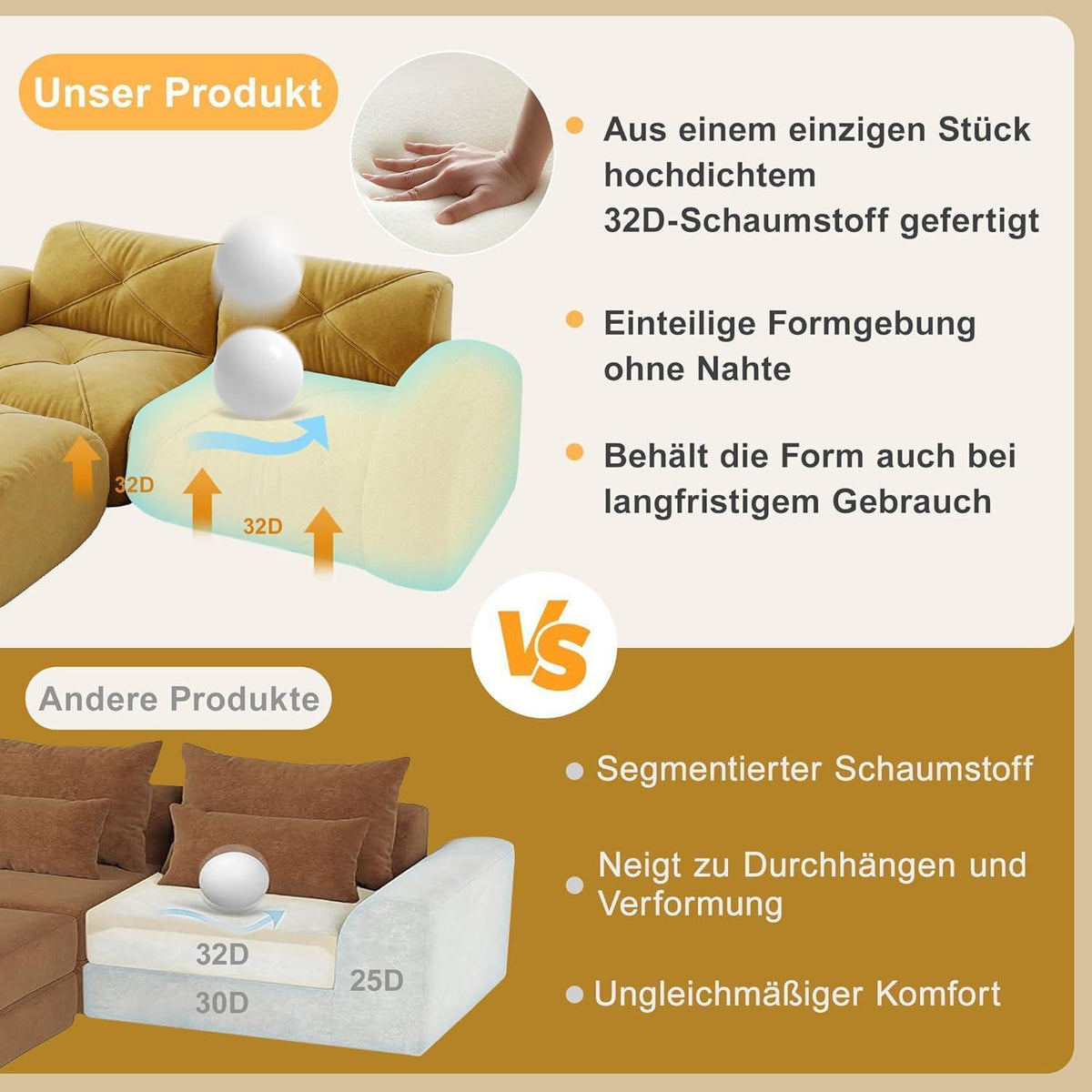 Modulares Cord Sofa 3-Sitzer + 2 Hocker – Gelb