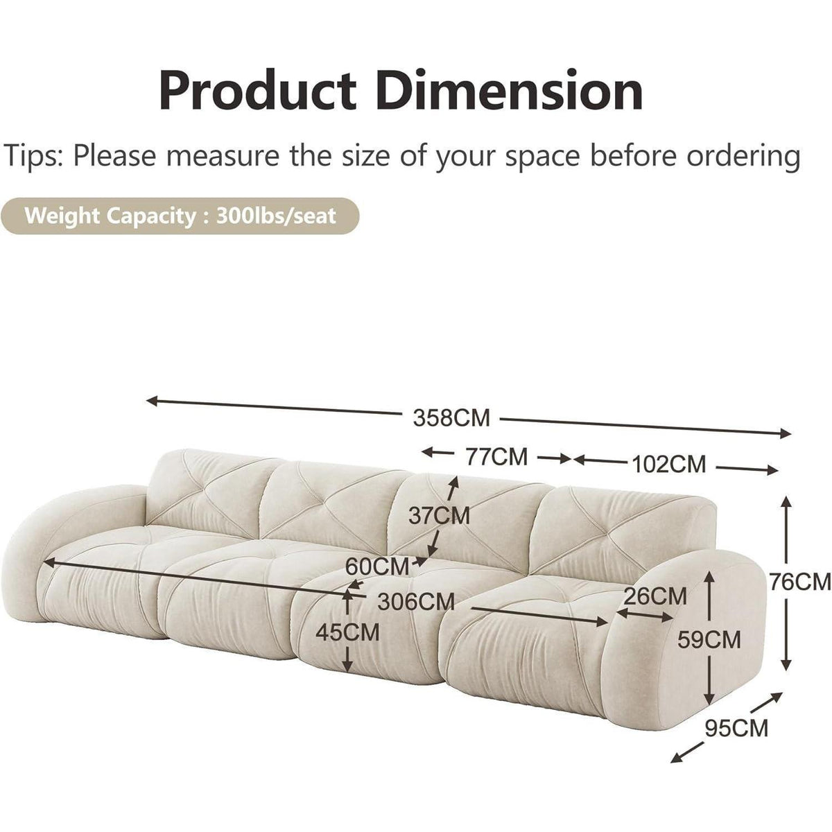 Modernes 4-Sitzer Cord Sofa | Rahmenlos, Chenille, Weiß