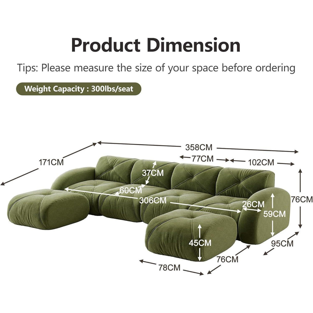 Großes U-förmiges Cord Sofa 4-Sitzer mit Fußhockern (Grün)