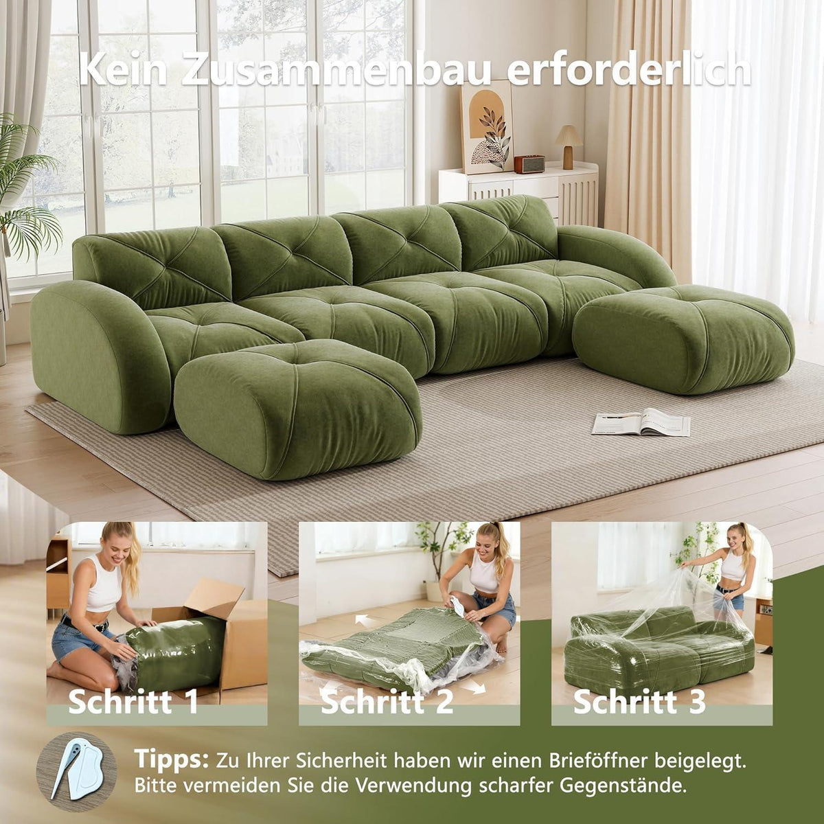 Großes U-förmiges Cord Sofa 4-Sitzer mit Fußhockern (Grün)