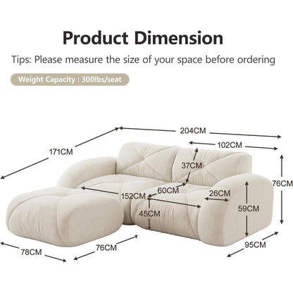L-förmiges Ecksofa 2-Sitzer mit Fußhocker, Chenille, Weiß