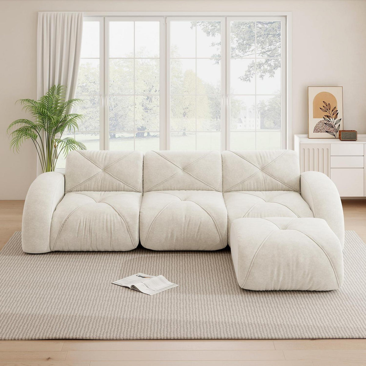 Modulares Cord Sofa 3-Sitzer mit Fußhocker – Weiß