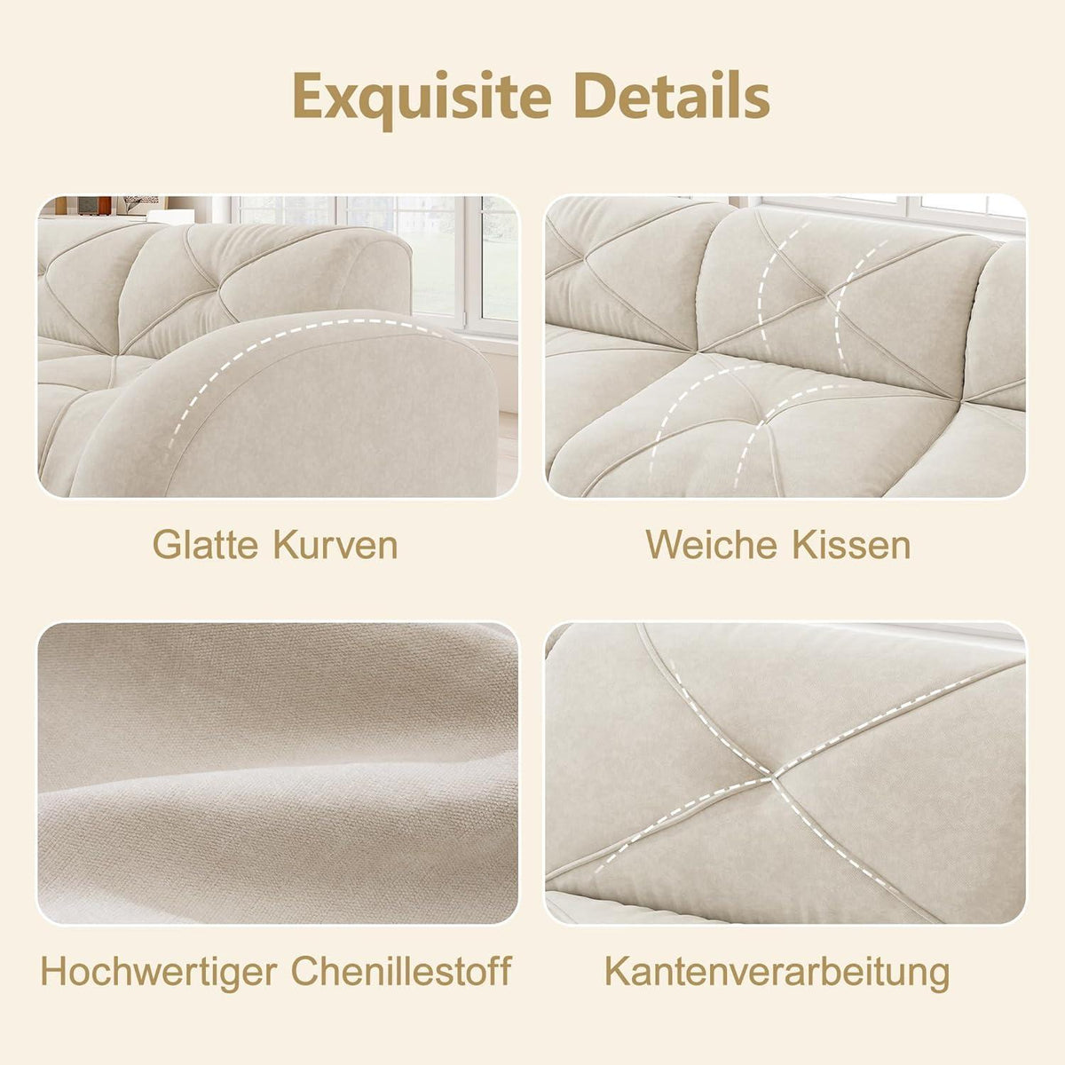 Modulares Cord Sofa 3-Sitzer mit Fußhocker – Weiß