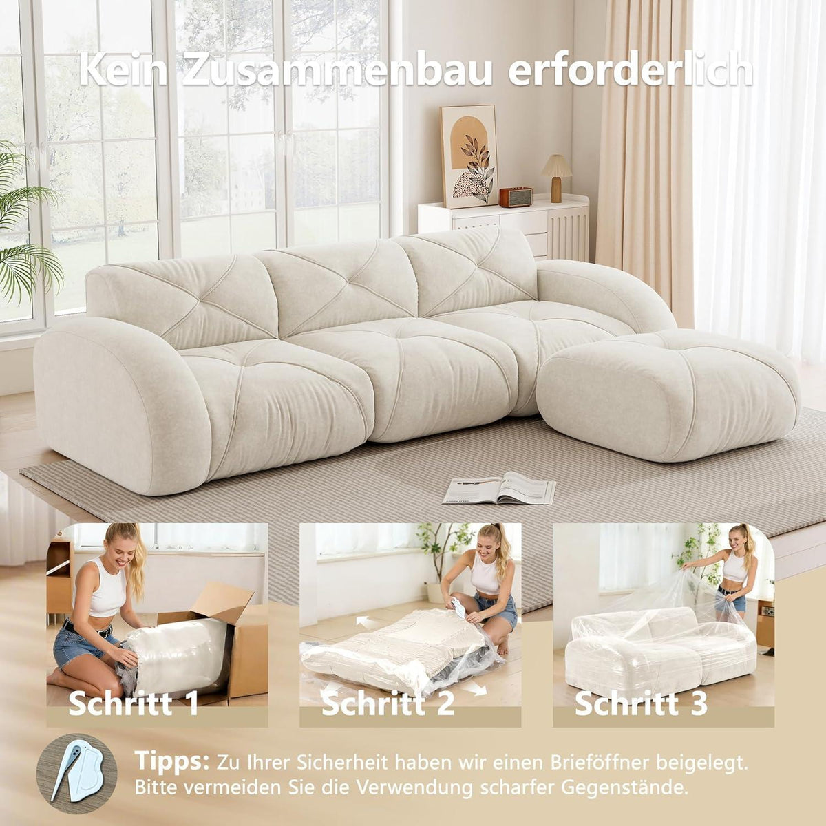 Modulares Cord Sofa 3-Sitzer mit Fußhocker – Weiß