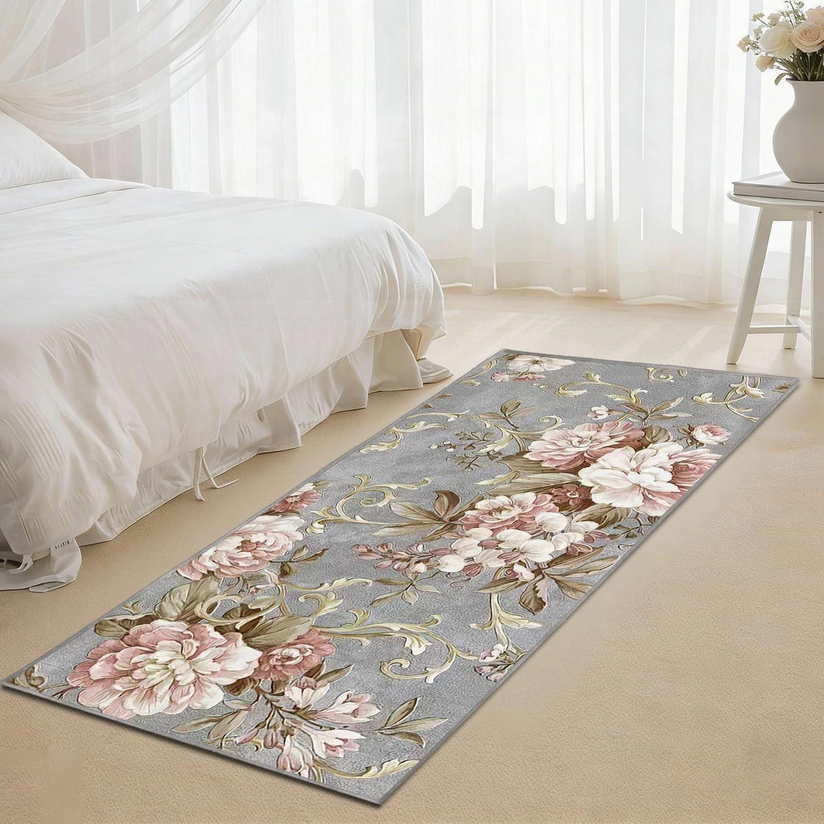 Vintage Läufer Teppich 80x300cm Grau Rosa Flur Küche Schlafzimmer
