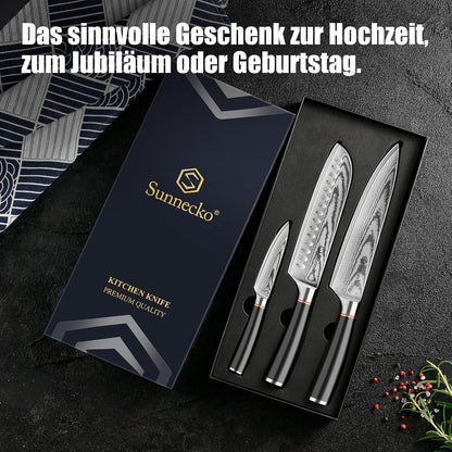 3-tlg Damast Messerset | Professionelle Küchenmesser Set
