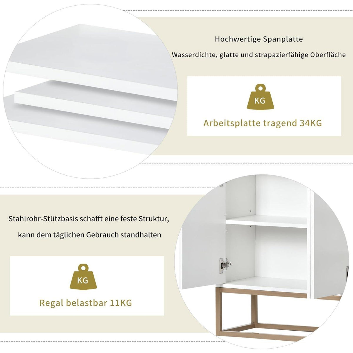 Weißes Sideboard 120cm – Küchenschrank mit Arbeitsplatte & Regalen