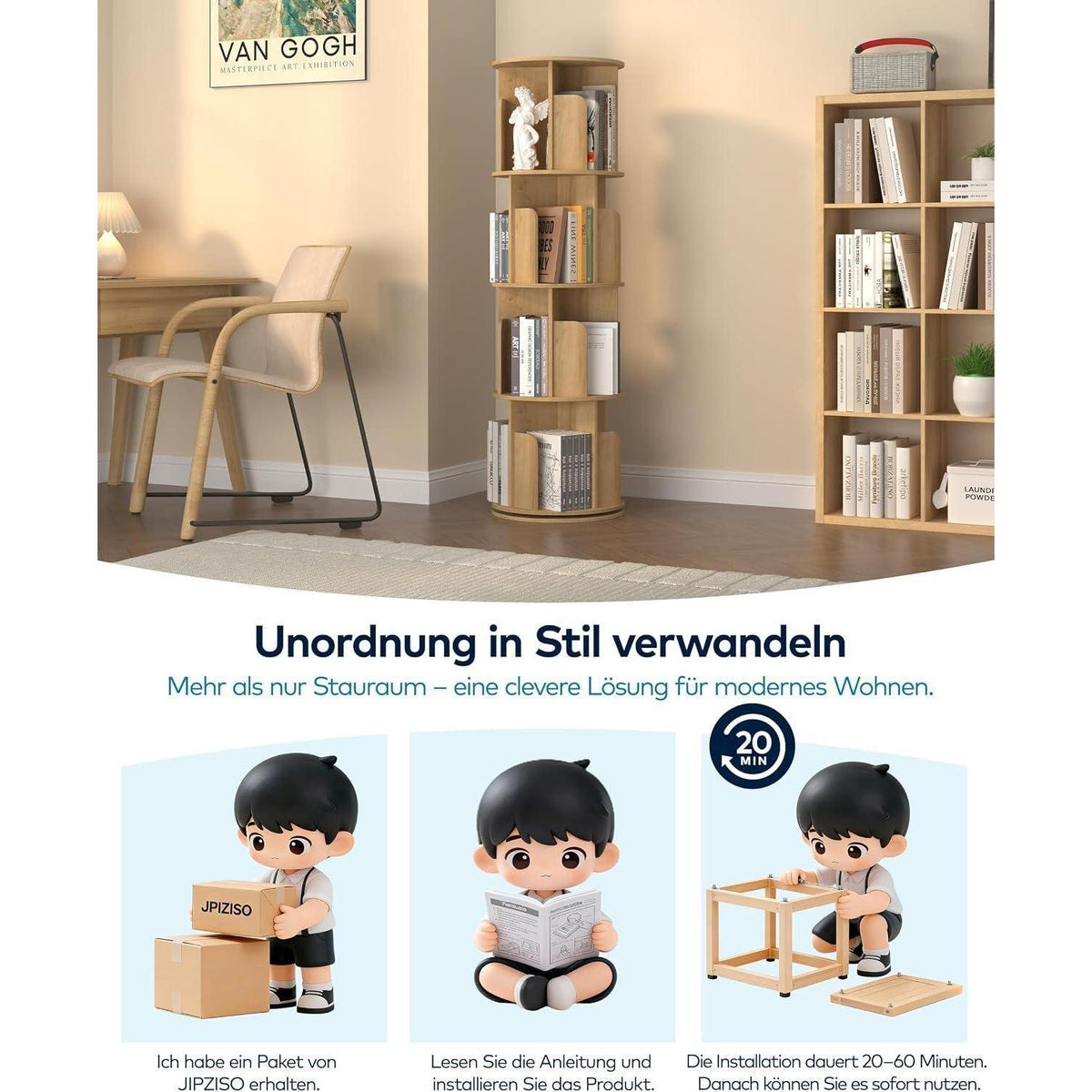 Drehbares Bücherregal Holz 4 Ebenen – Platzsparend & Flexibel