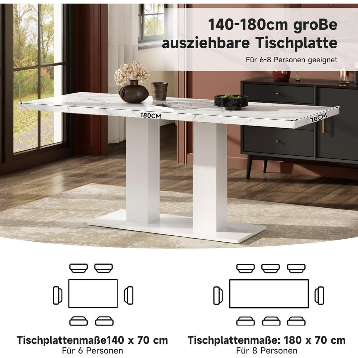 Ausziehbarer Esstisch Weiß 140/180x70 cm – Esszimmer Küchentisch