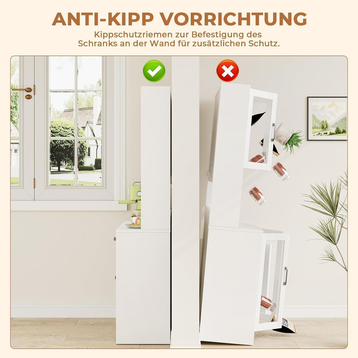 Hoher Küchenschrank mit Arbeitsplatte & Haken – Weiß