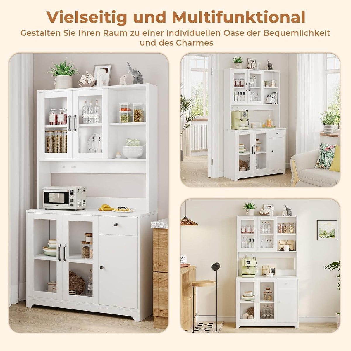 Hoher Küchenschrank mit Arbeitsplatte & Haken – Weiß