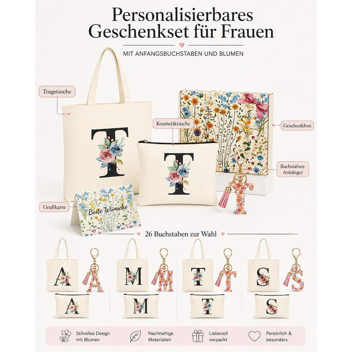 Personalisierte Geschenkset für Frauen mit Buchstaben-Schlüsselanhänger
