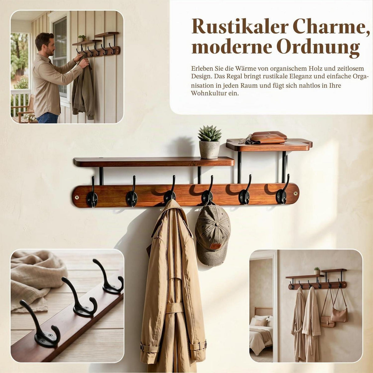 Holz Garderobe Wandregal mit 6 Haken & Ablage Vintage