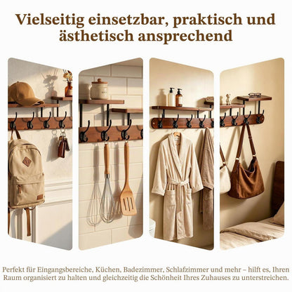 Holz Garderobe Wandregal mit 6 Haken & Ablage Vintage