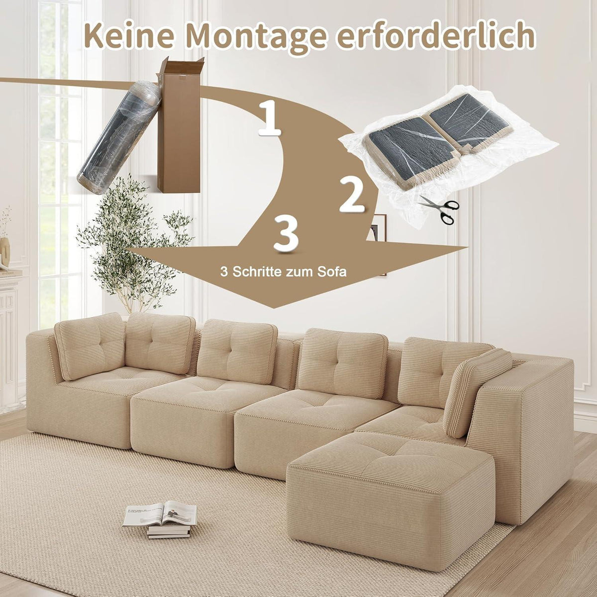 Modulares Ecksofa 4-Sitzer Beige mit Fußhocker – Cordstoff, Ohne Montage