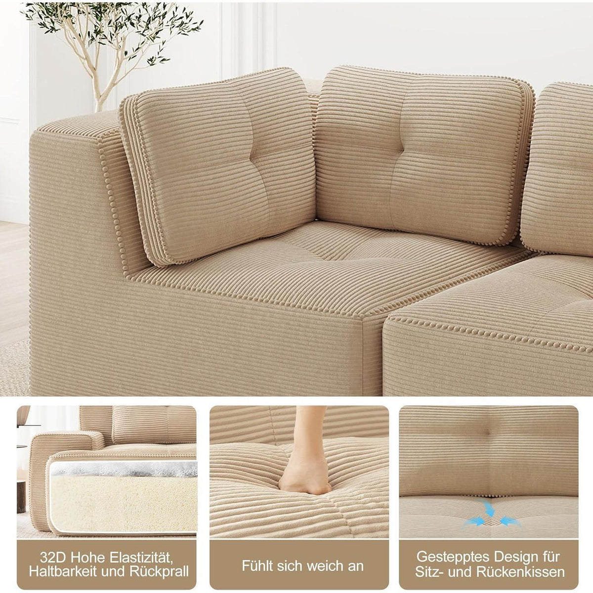Modulares Ecksofa 4-Sitzer Beige mit Fußhocker – Cordstoff, Ohne Montage