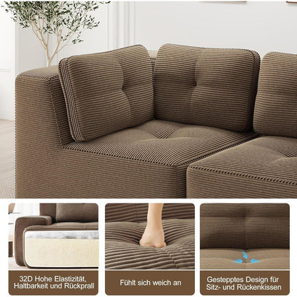Modulares Ecksofa Braun – 2-Sitzer Cordstoff Couch ohne Aufbau