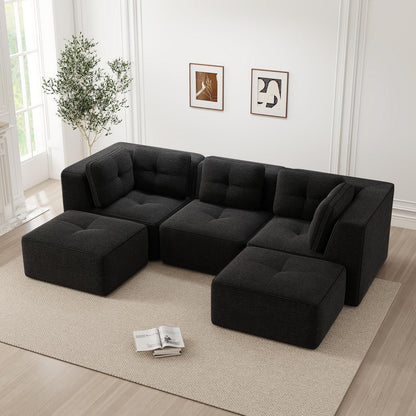 Modulares Ecksofa mit Fußhocker, Cordstoff, Schwarz
