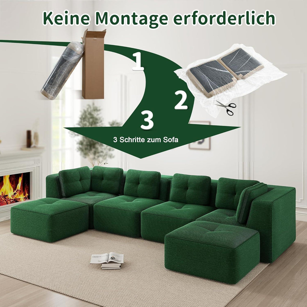 Modulares Ecksofa 4-Sitzer Grün mit Fußhocker & Cordstoff