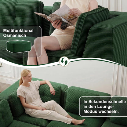 Modulares Ecksofa 4-Sitzer Grün mit Fußhocker & Cordstoff