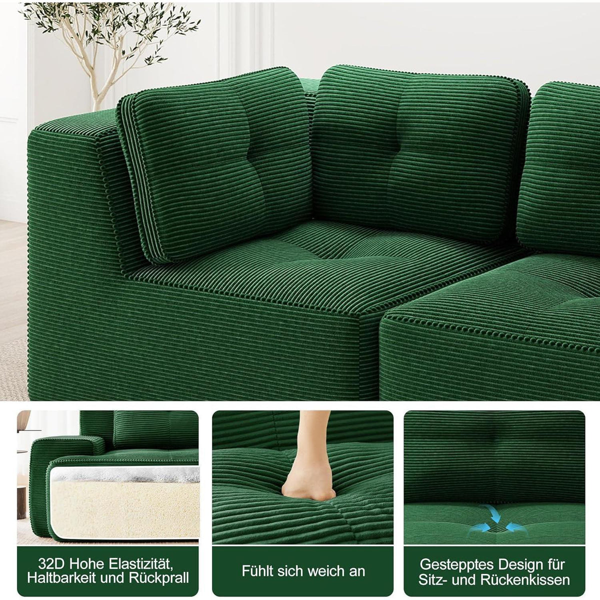 Modulares Ecksofa 4-Sitzer Grün mit Fußhocker & Cordstoff